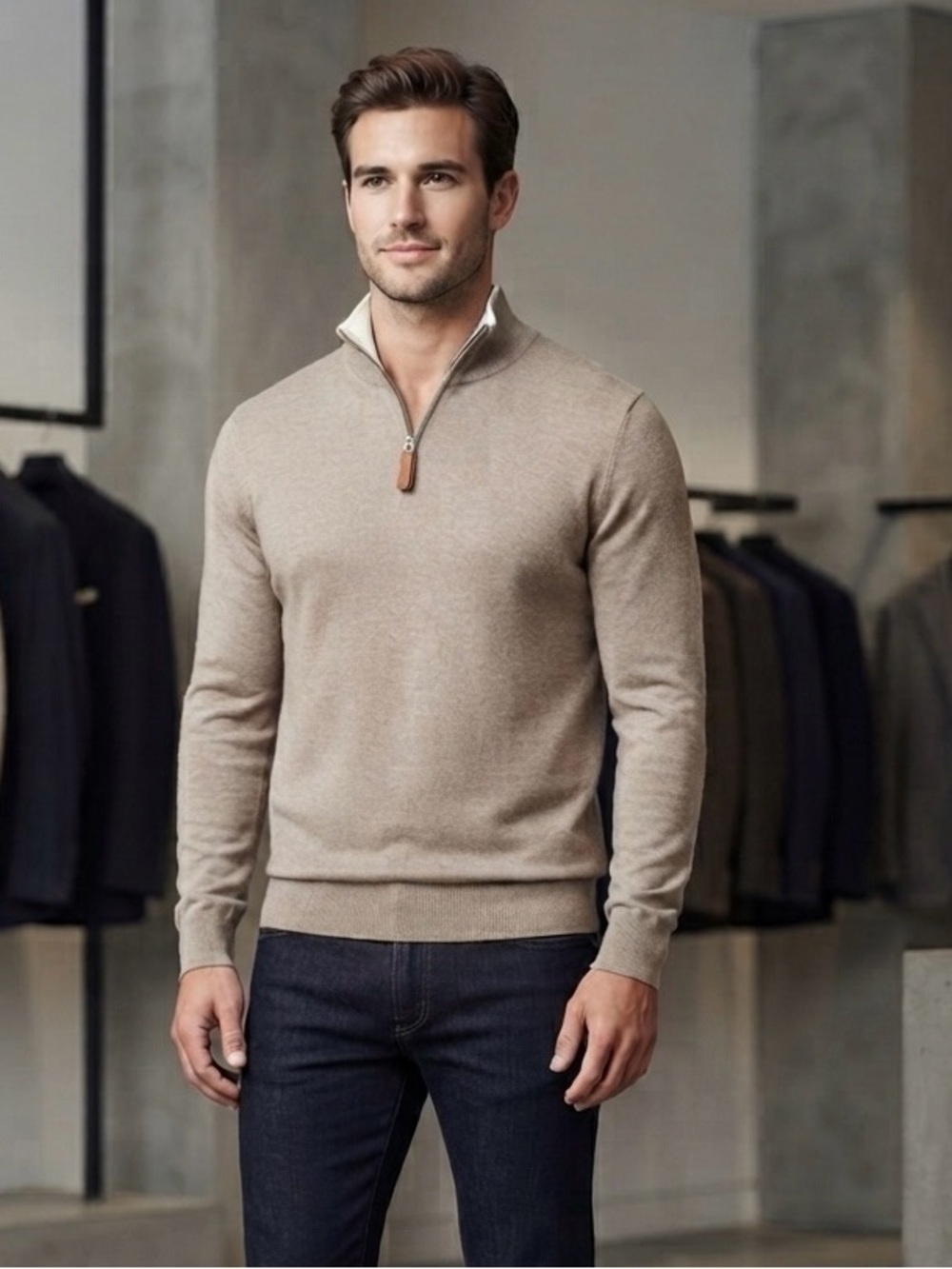 Collars & Co. Oatmeal Australian Merino Wool 1/4 Zip Sweater Size M NWT